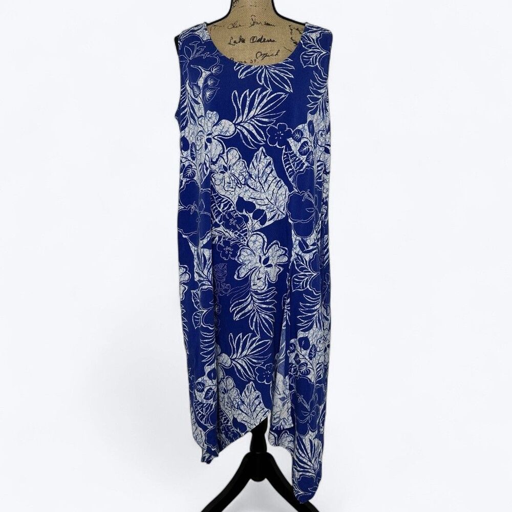 Tiki Palm Dress Womens Sz XLG Blue Hawaiian Print Flowy Tropical Beach Cover Up‎